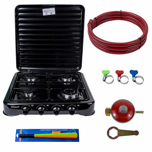 Pachet Aragaz 4 ochiuri, 55X50cm, Ceas pentru butelie,  2m furtun pentru gaz, 3 x coliere pentru furtun, aprinzator, negru / ZLN 7079B_N