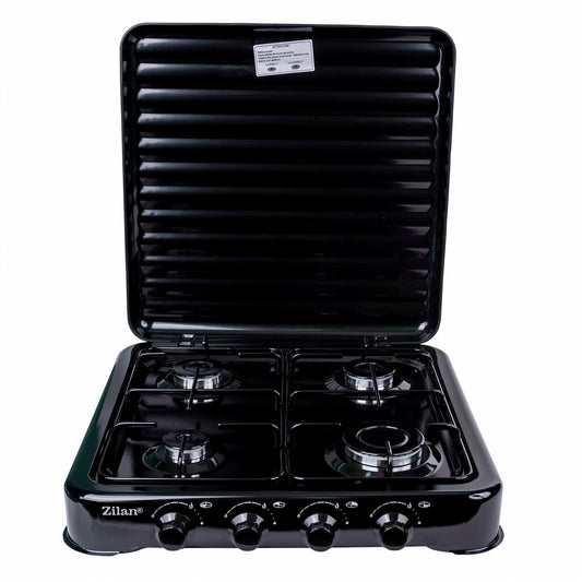 Pachet Aragaz 4 ochiuri, 55X50cm, Ceas pentru butelie,  2m furtun pentru gaz, 3 x coliere pentru furtun, aprinzator, negru / ZLN 7079B_N