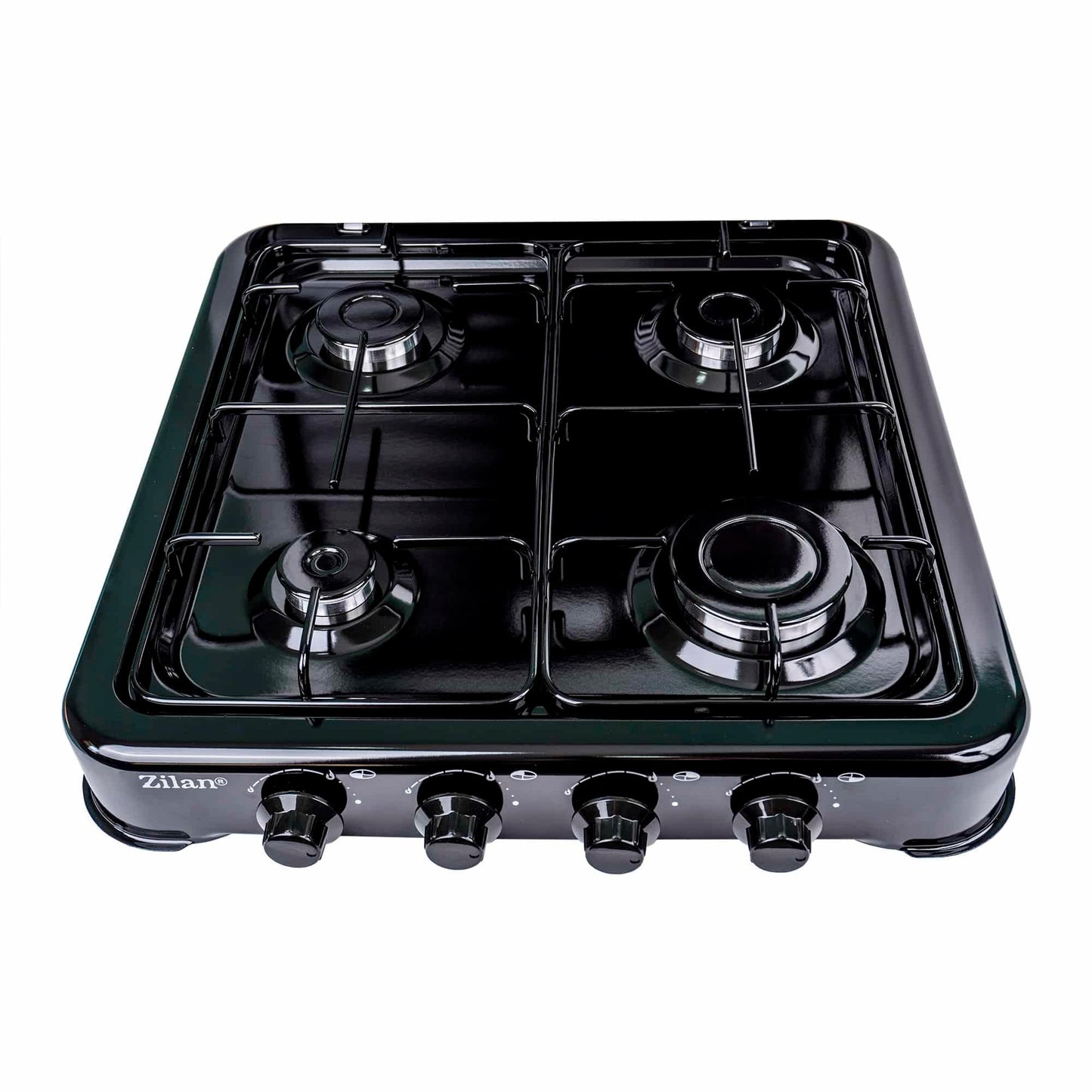 Pachet Aragaz 4 ochiuri, 55X50cm, Ceas pentru butelie,  2m furtun pentru gaz, 3 x coliere pentru furtun, aprinzator, negru / ZLN 7079B_N