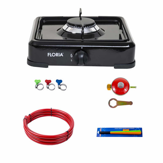 Pachet aragaz 1 ochi, 28×28 cm plus (ceas pentru butelie, 2 m furtun pentru gaz, 3 coliere pentru furtun, aprinzator) negru / ZLN 7118_1 - 221.ro