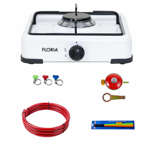 Pachet aragaz 1 ochi, 28×28 cm plus (ceas pentru butelie, 2 m furtun pentru gaz, 3 coliere pentru furtun, aprinzator) alb / ZLN 7119_1 - 221.ro