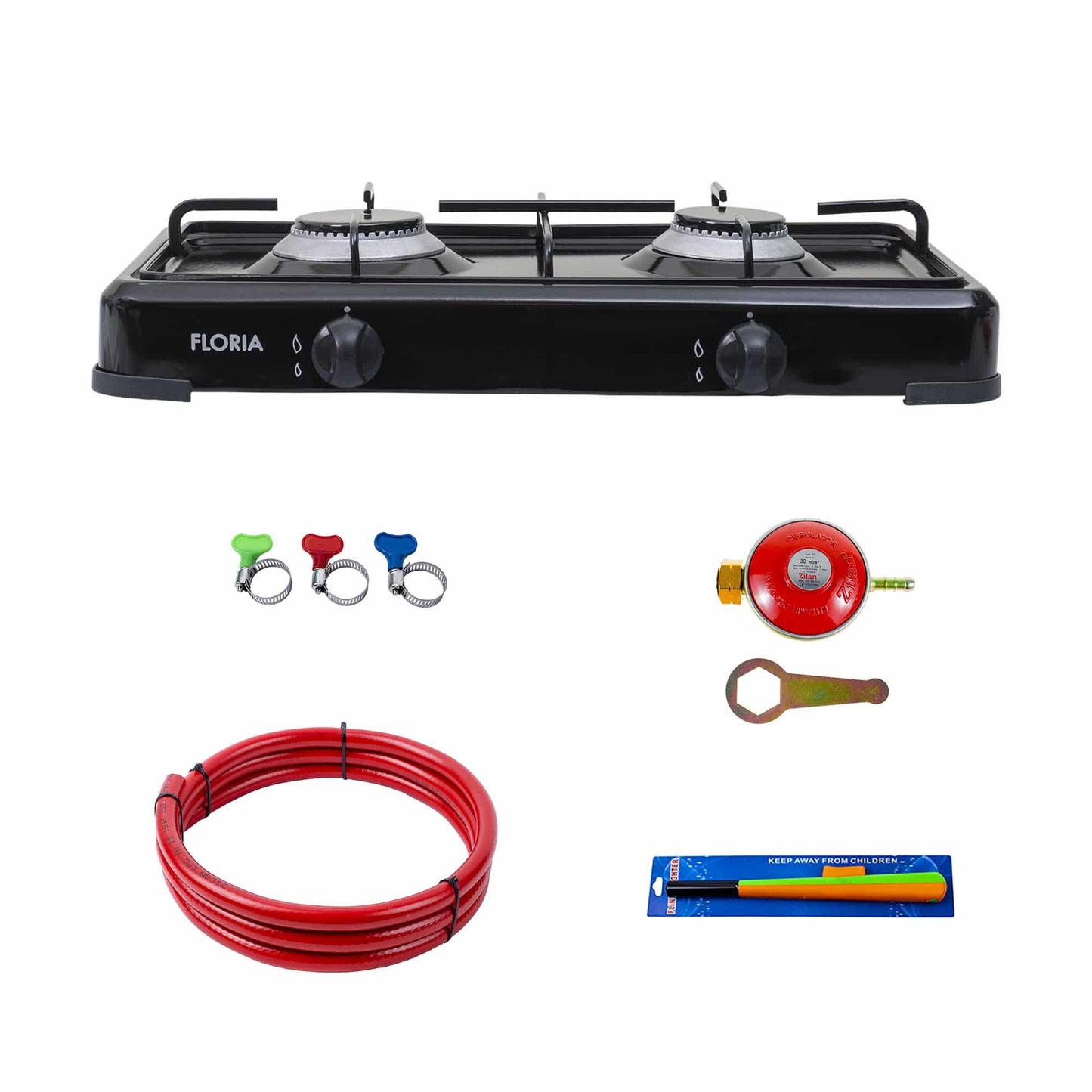 Pachet aragaz 2 ochiuri, 51×28 cm plus (ceas pentru butelie, 2 m furtun pentru gaz, 3 coliere pentru furtun, aprinzator) negru / ZLN 7128_1 - 221.ro