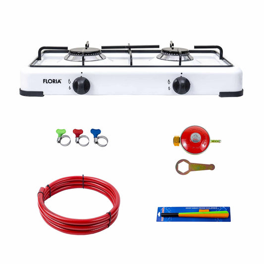 Pachet aragaz 2 ochiuri, 51×28 cm plus (ceas pentru butelie, 2 m furtun pentru gaz, 3 coliere pentru furtun, aprinzator) alb / ZLN 7129_1 - 221.ro