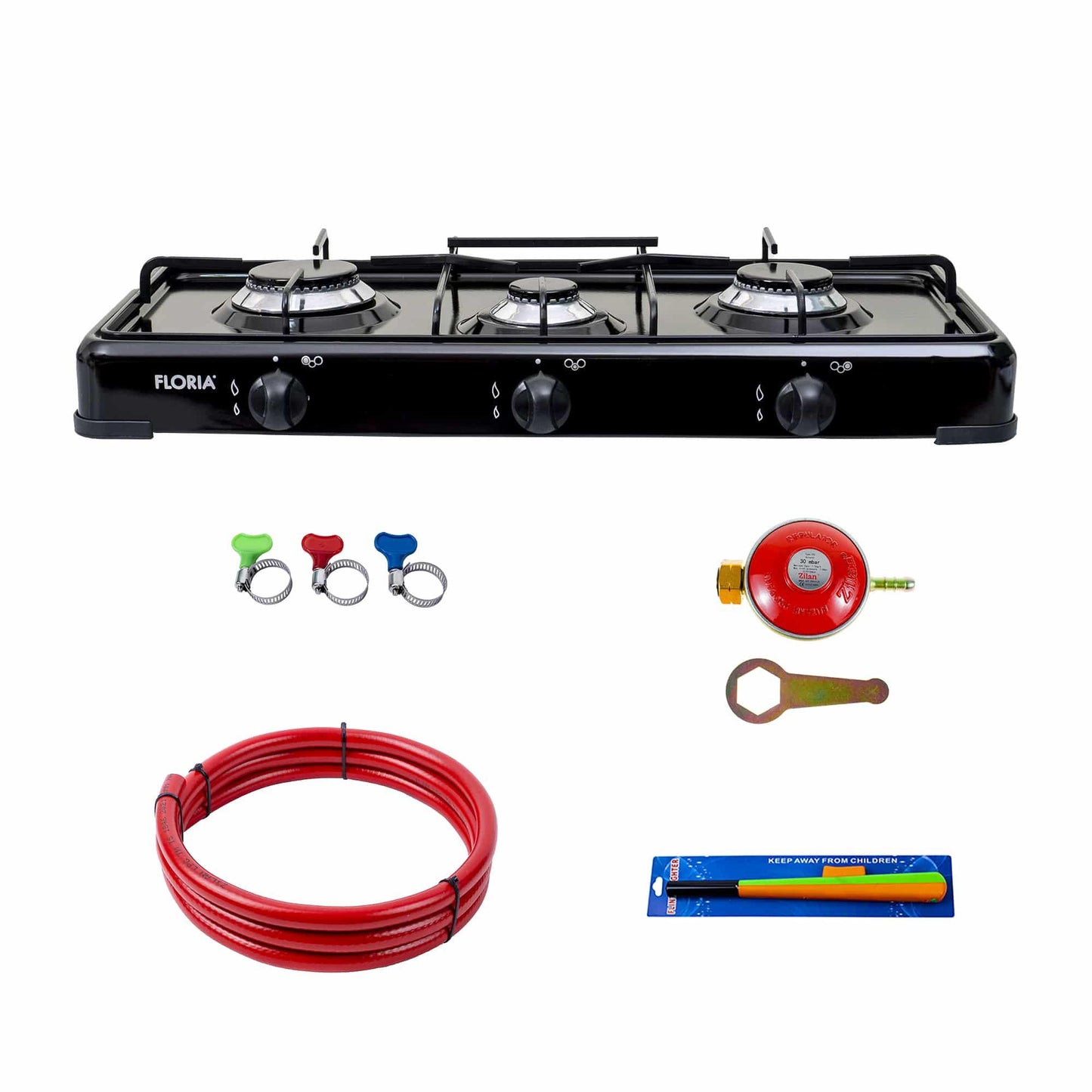 Pachet aragaz 3 ochiuri, 62×30 cm plus (ceas pentru butelie, 2 m furtun pentru gaz, 3 coliere pentru furtun, aprinzator) negru / ZLN 7138_1 - 221.ro