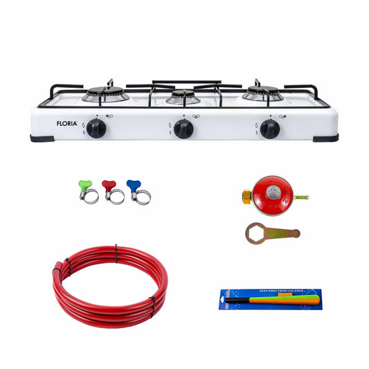 Pachet aragaz 3 ochiuri, 62×30 cm plus (ceas pentru butelie, 2 m furtun pentru gaz, 3 coliere pentru furtun, aprinzator) alb / ZLN 7139_1 - 221.ro