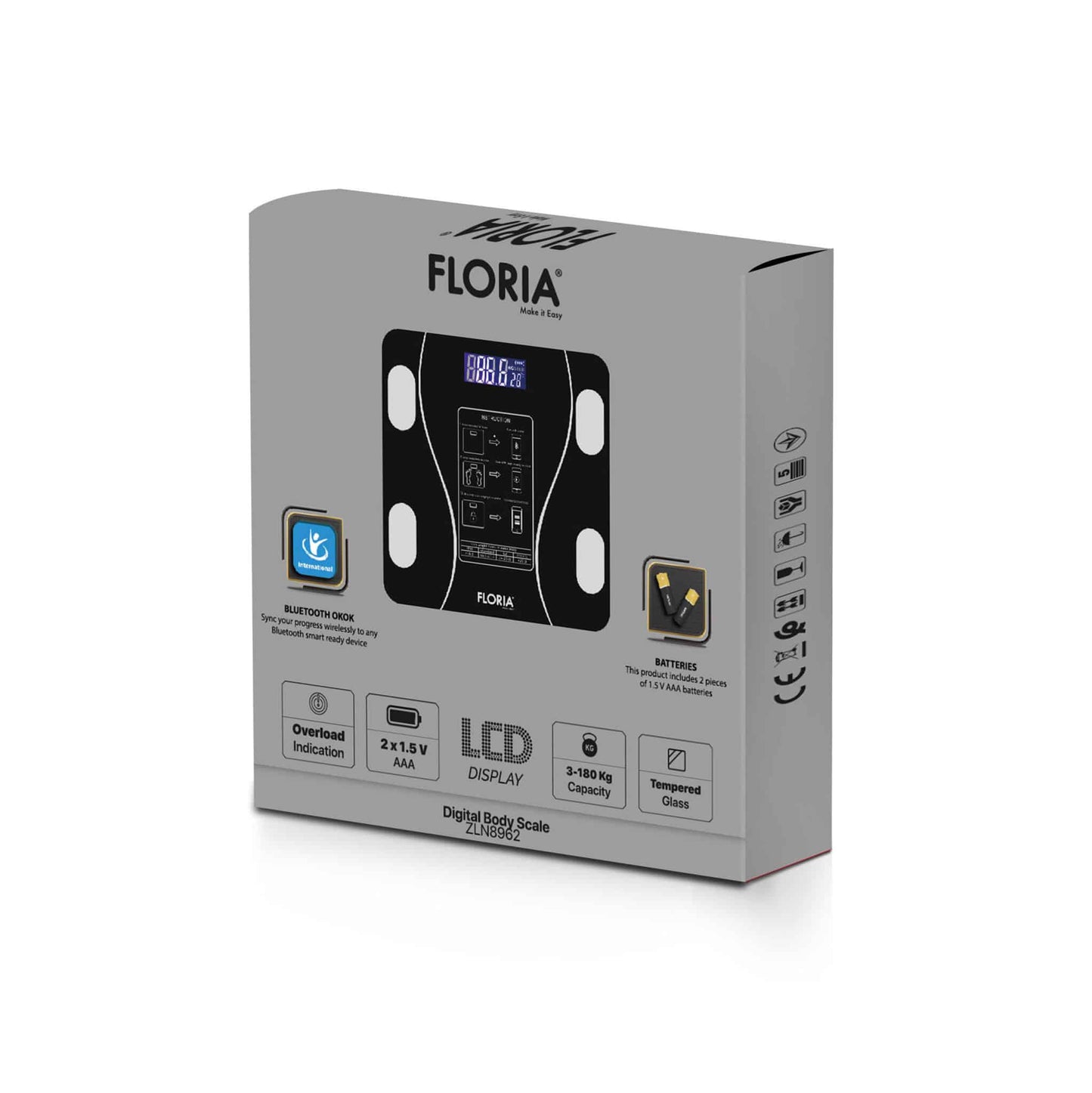 Cantar electronic de persoane, FLORIA maxim 180kg, sticla, negru / ZLN 8962