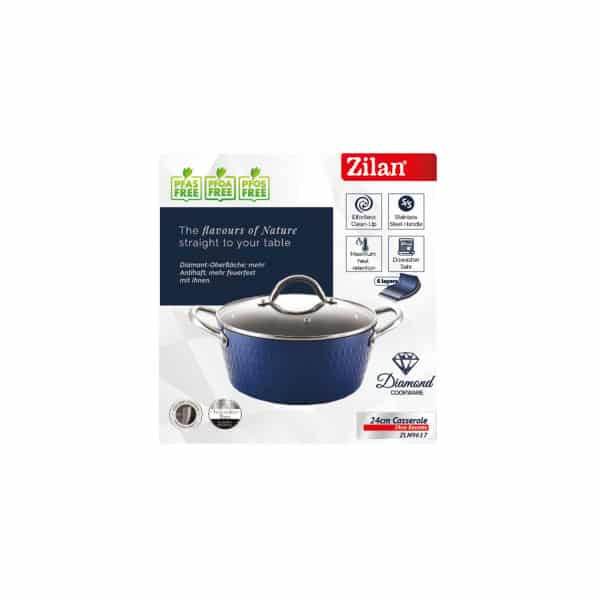 Oala cu capac ZILAN Diamond, din ceramica si inox, baza de inductie, diametru 24cm / ZLN 9617