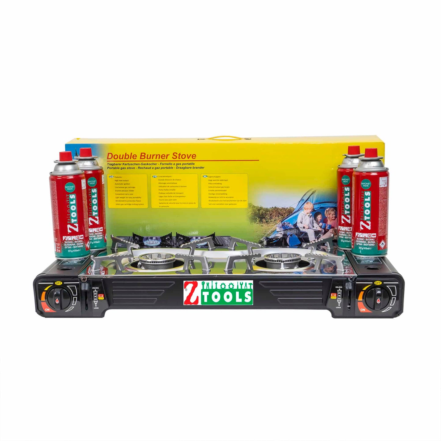 Pachet aragaz camping cu 2 ochiuri, aprindere electrica, putere 2x2.5kw + 4 butelii 410ml / ZTS 5618_1