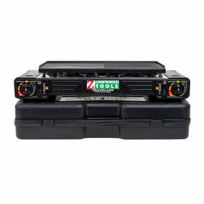 Pachet aragaz camping cu 2 ochiuri, aprindere electrica, putere 2x2.5kw, din inox cu tava gril si cutie de transportat + 4 butelii 410ml / ZTS 5619_1