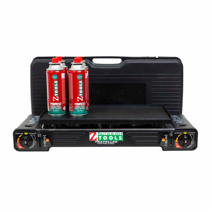 Pachet aragaz camping cu 2 ochiuri, aprindere electrica, putere 2x2.5kw, din inox cu tava gril si cutie de transportat + 4 butelii 410ml / ZTS 5619_1