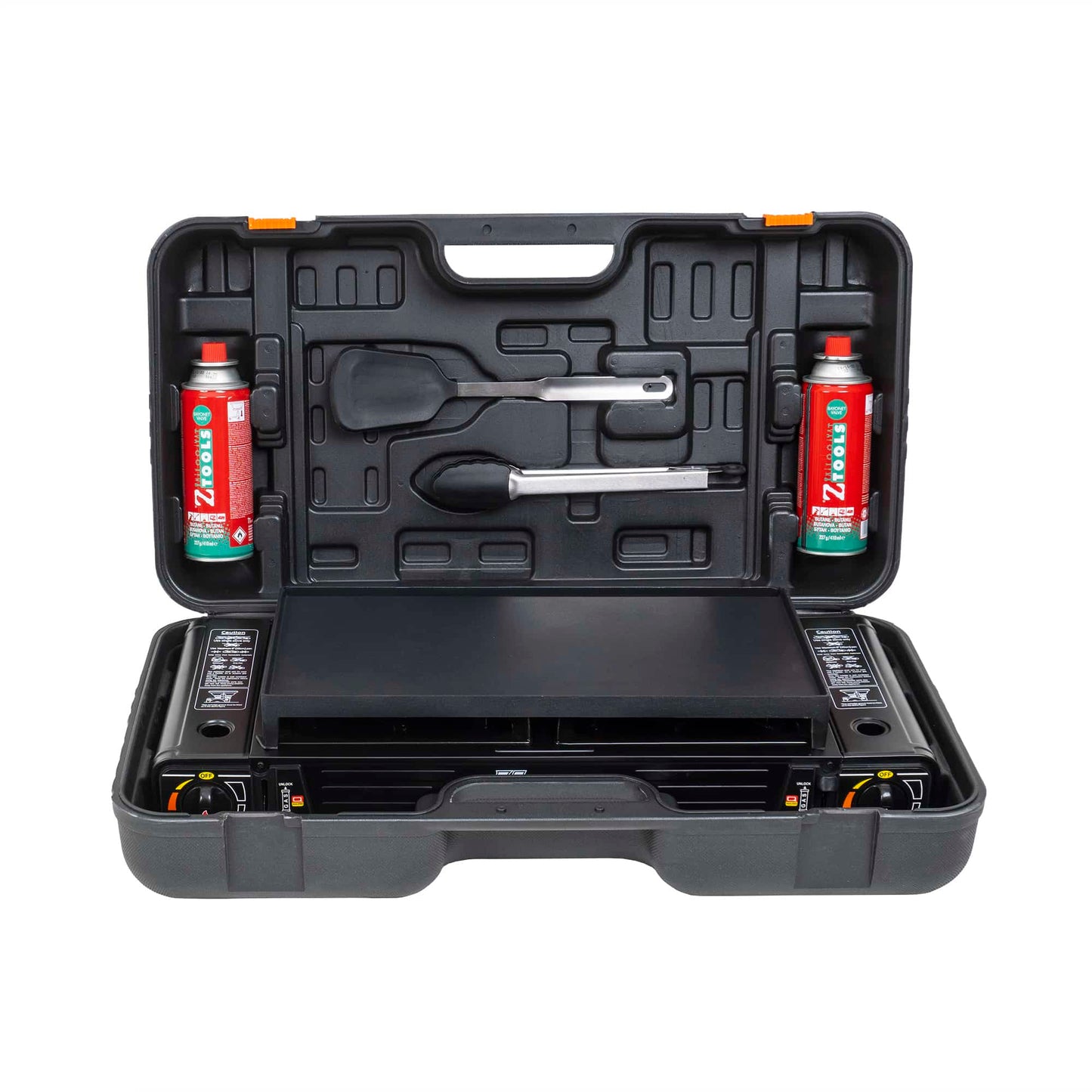 Pachet aragaz camping cu 2 ochiuri, aprindere electrica, putere 2x2.3kw, cu tava gril, spatula, cleste si cutie de transportat + 4 butelii 410ml / ZTS 5620_1