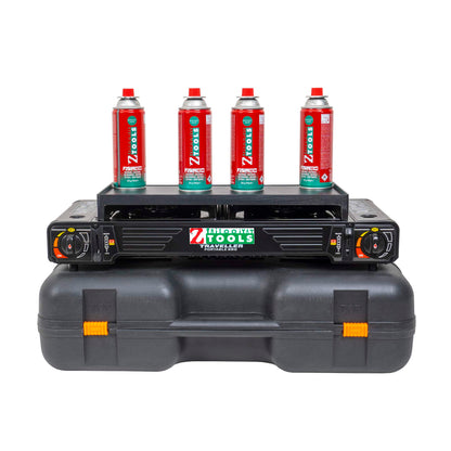 Pachet aragaz camping cu 2 ochiuri, aprindere electrica, putere 2x2.3kw, cu tava gril, spatula, cleste si cutie de transportat + 4 butelii 410ml / ZTS 5620_1