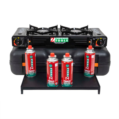 Pachet aragaz camping cu 2 ochiuri, aprindere electrica, putere 2x2.3kw, cu tava gril, spatula, cleste si cutie de transportat + 4 butelii 410ml / ZTS 5620_1