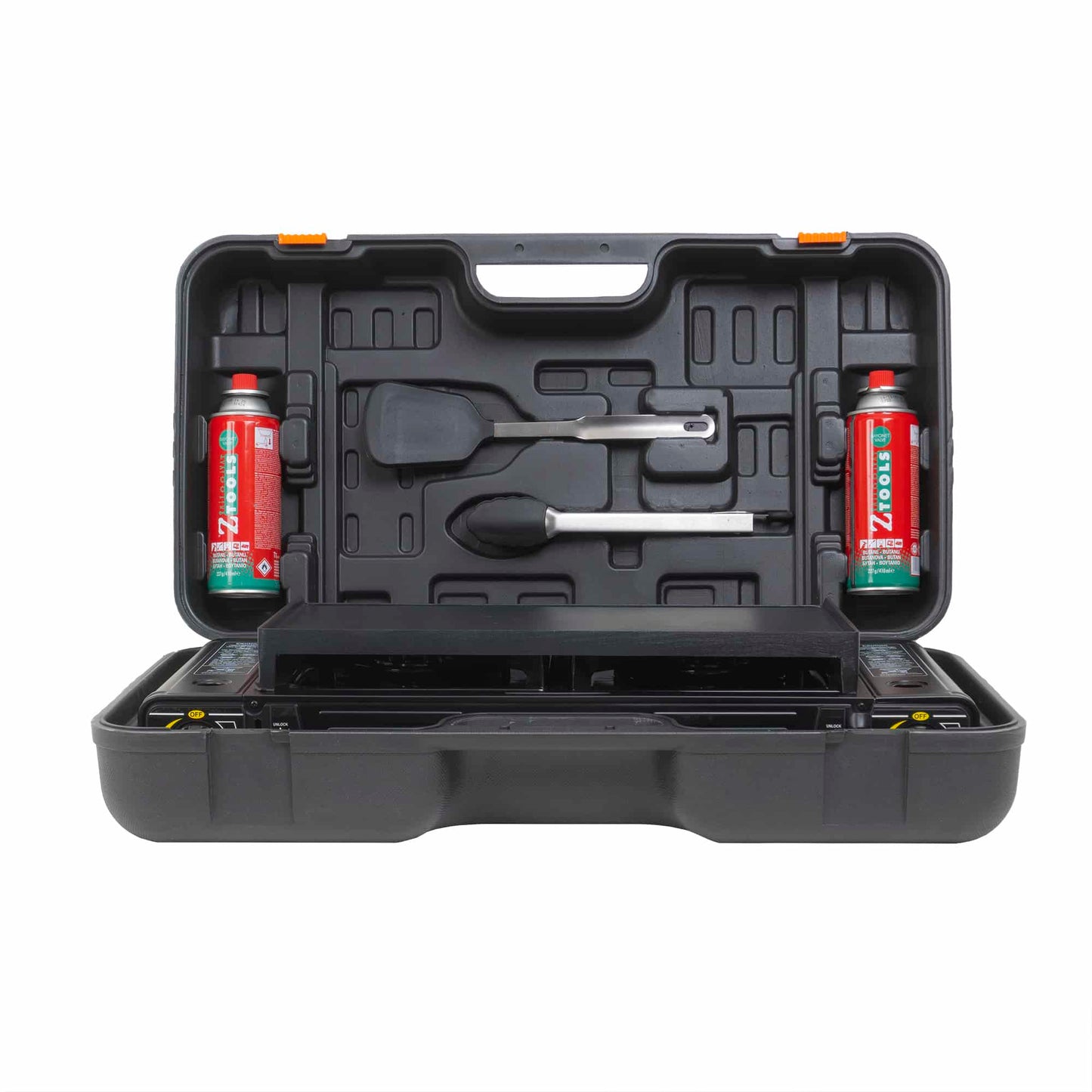 Pachet aragaz camping cu 2 ochiuri, aprindere electrica, putere 2x2.3kw, cu tava gril, spatula, cleste si cutie de transportat + 4 butelii 410ml / ZTS 5620_1