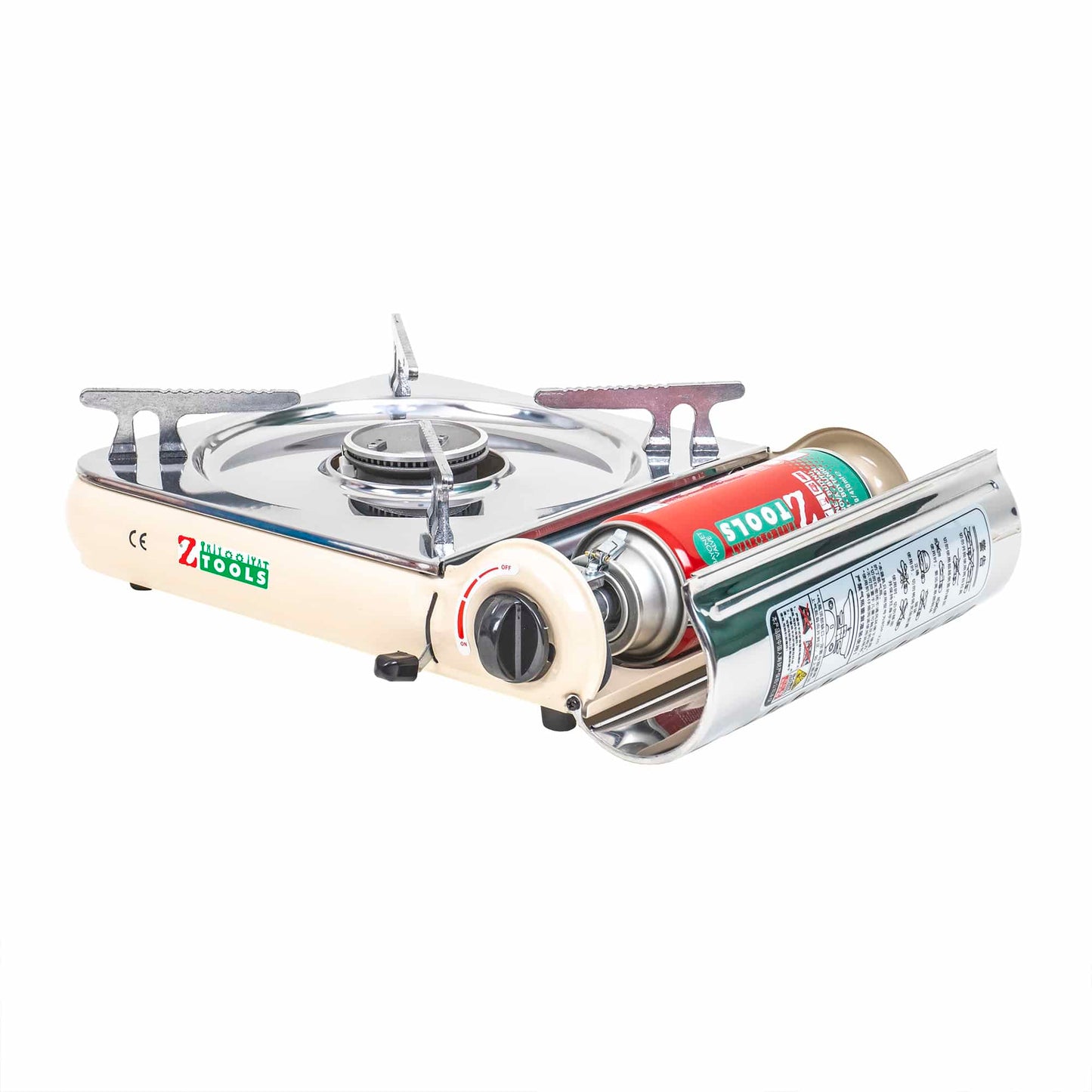 Pachet aragaz camping, din inox, aprindere electrica, putere 2.5kw, crem + 3 butelii 410ml / ZTS 5621_1