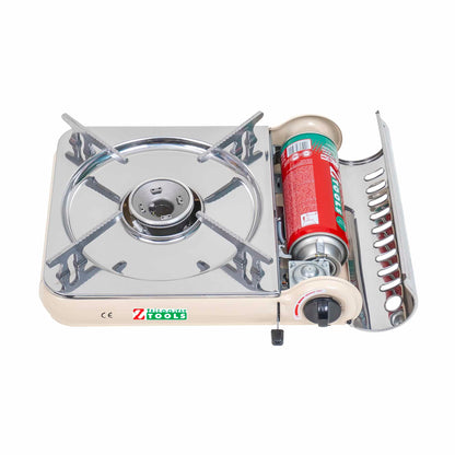 Pachet aragaz camping, din inox, aprindere electrica, putere 2.5kw, crem + 3 butelii 410ml / ZTS 5621_1