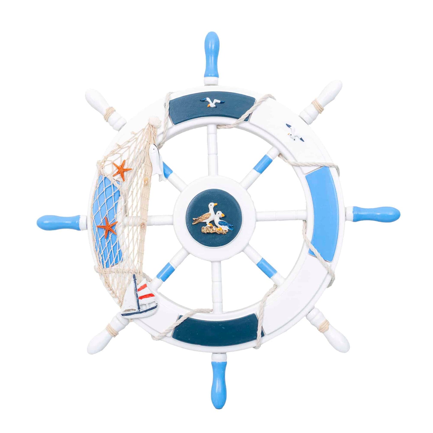 Roata decorativa din MDF, diametru roata 44.5cm, model carma marina cu plasa, alb/bleu Z-TOOLS / ZTS 8035