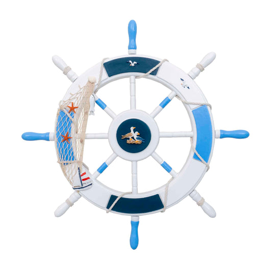 Roata decorativa din MDF, diametru roata 50cm, model carma marina cu plasa, alb/bleu Z-TOOLS / ZTS 8036