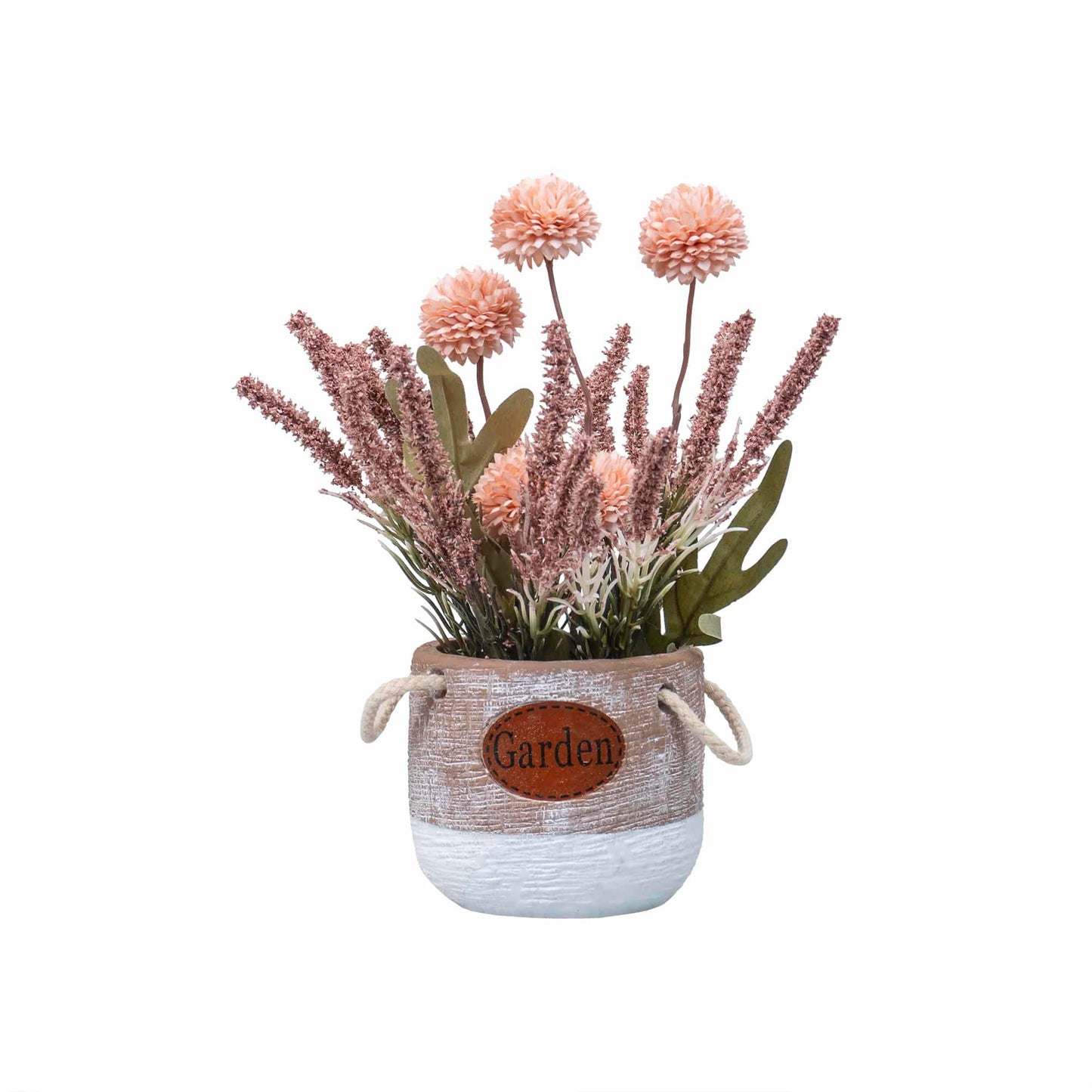 Aranjament floral, in ghiveci din ceramica, H27 crizantema si lavanda, culoare somon / ZTS 8054