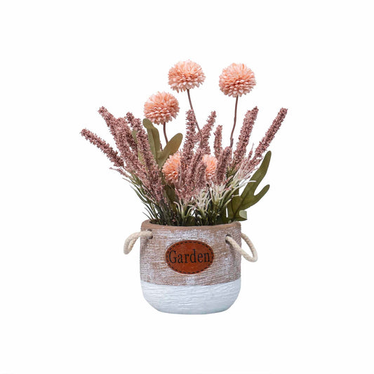 Aranjament floral, in ghiveci din ceramica, H27 crizantema si lavanda, culoare somon / ZTS 8054