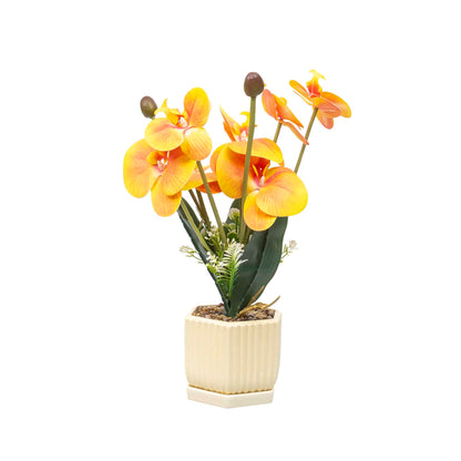 Aranjament floral in ghiveci din ceramica, model orhidee, H 37cm, culoare portocaliu / ZTS 8055