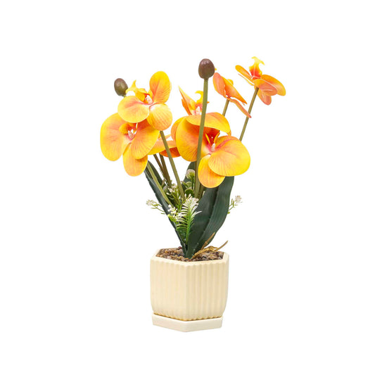 Aranjament floral in ghiveci din ceramica, model orhidee, H 37cm, culoare portocaliu / ZTS 8055