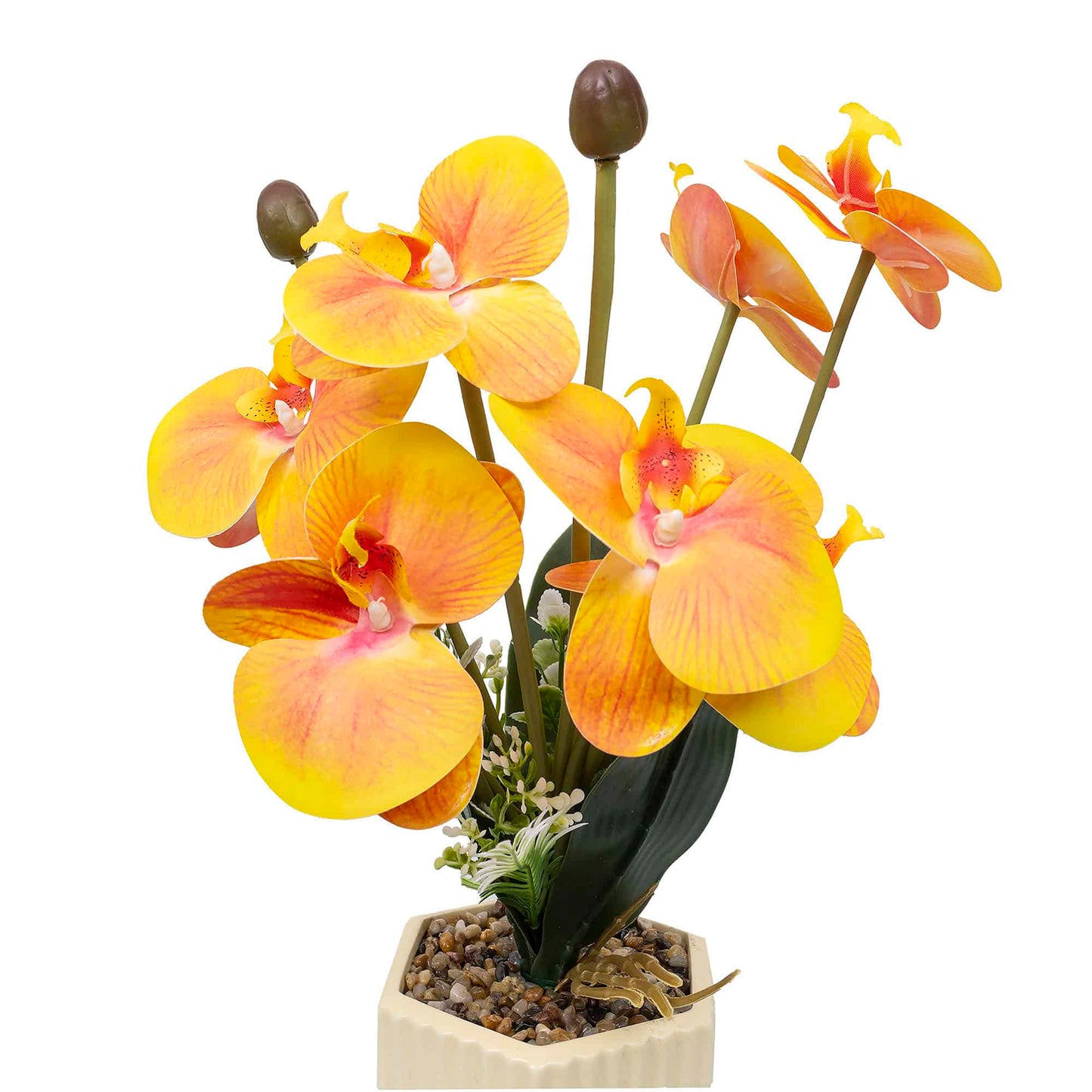 Aranjament floral in ghiveci din ceramica, model orhidee, H 37cm, culoare portocaliu / ZTS 8055