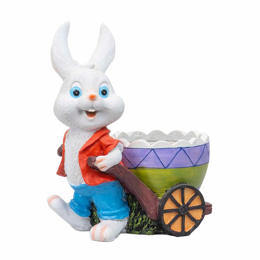 Decoratiune pentru gradina, din rasina, model iepure cu carucior, suport pentru flori, inaltime 23cm, alb / ZTS 8073