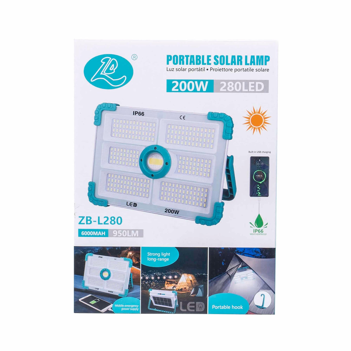 Proiector led cu incarcare solara si USB, 200W, 280 leduri, panou incorporabil / ZTS 8212