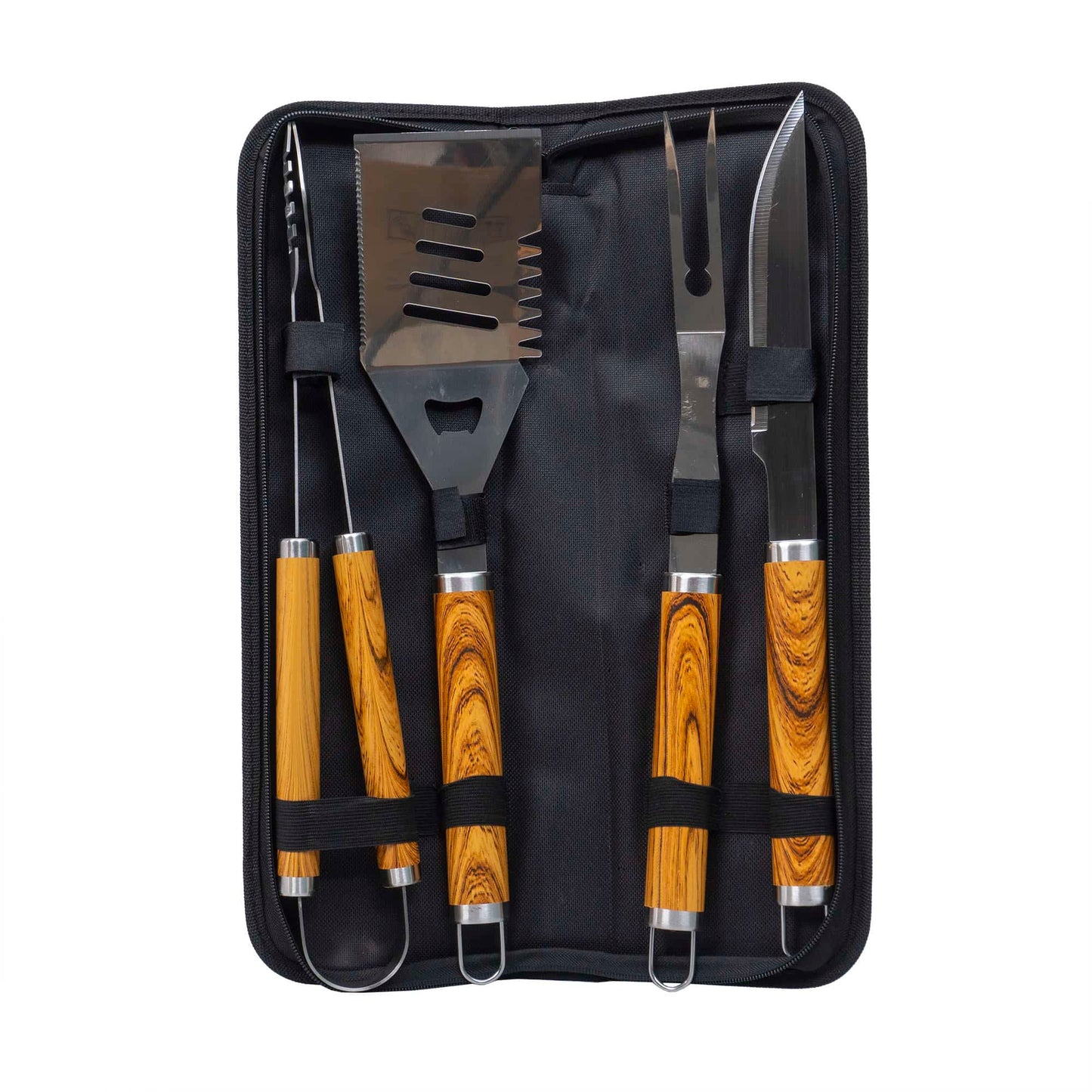 Set 4 piese din inox si maner de lemn, pentru gratar plus borseta depozitare / ZTS 8329