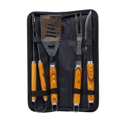 Set 4 piese din inox si maner de lemn, pentru gratar plus borseta depozitare / ZTS 8329