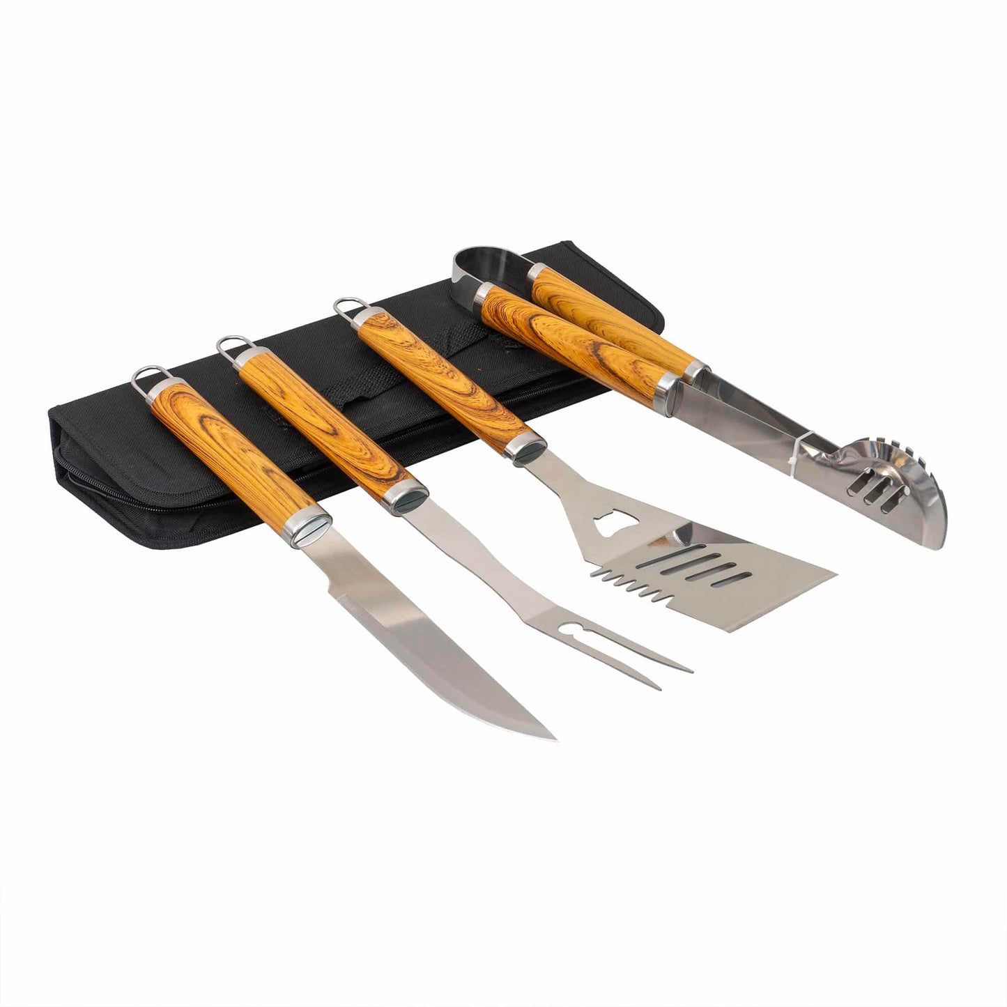 Set 4 piese din inox si maner de lemn, pentru gratar plus borseta depozitare / ZTS 8329