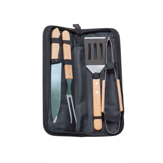 Set 4 piese din inox si maner de lemn, pentru gratar plus borseta depozitare / ZTS 8337