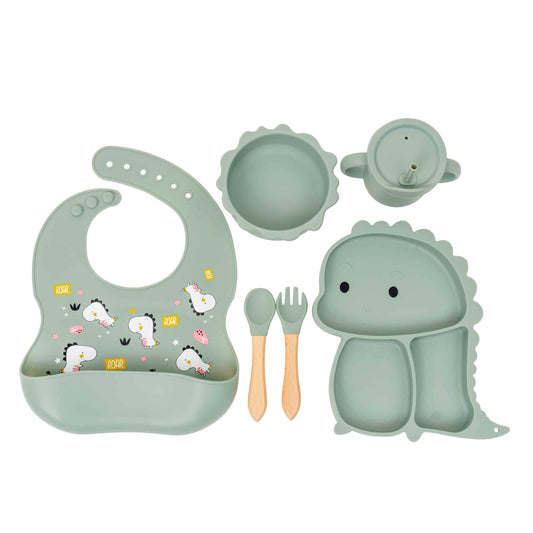 Set 6 piese pentru hranire bebelus, din silicon, model dinozaur, verde Z-TOOLS / ZTS 9094