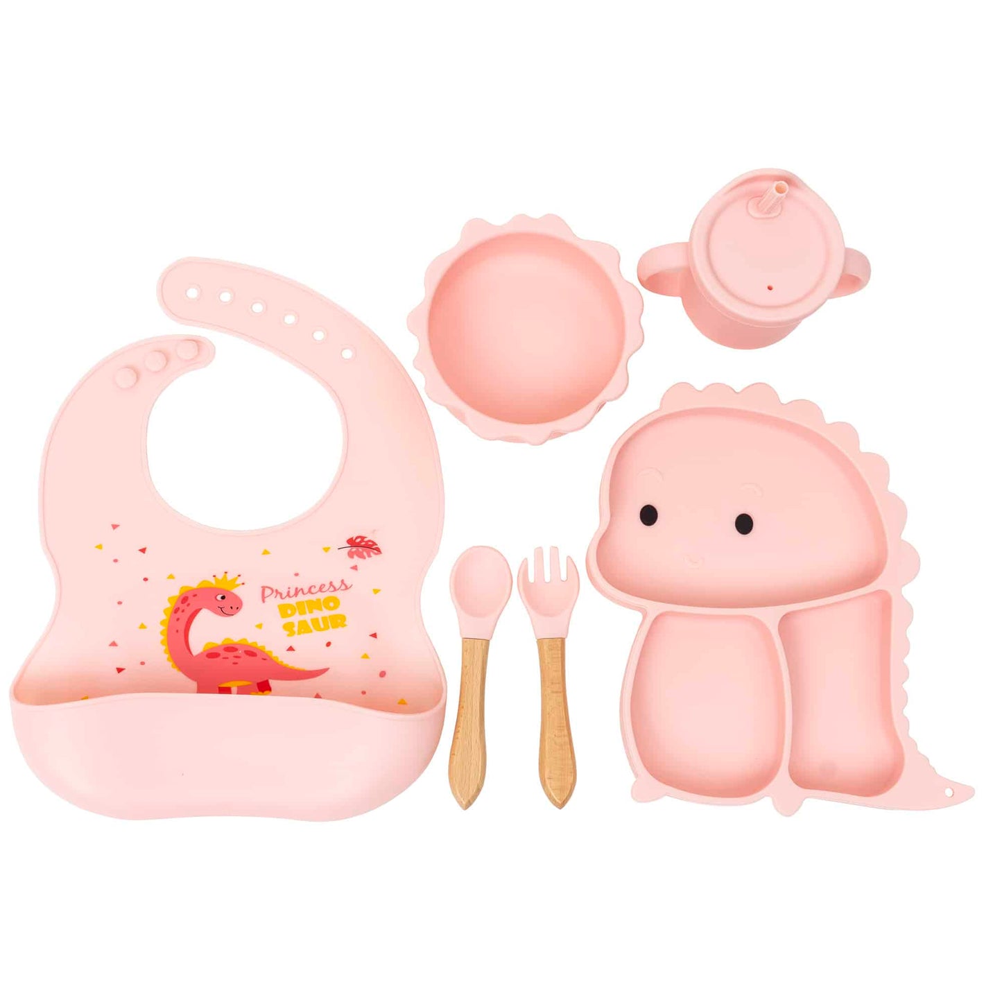 Set 6 piese pentru hranire bebelus, din silicon, model dinozaur, roz Z-TOOLS / ZTS 9095