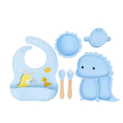 Set 6 piese pentru hranire bebelus, din silicon, model dinozaur, bleu Z-TOOLS / ZTS 9097