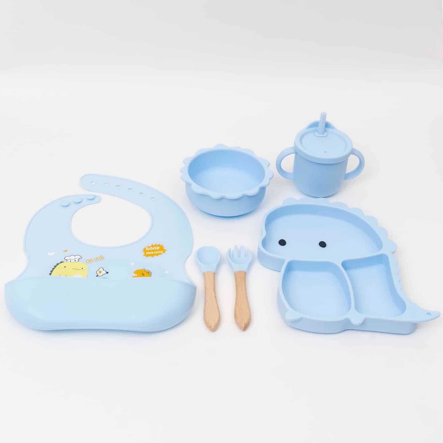 Set 6 piese pentru hranire bebelus, din silicon, model dinozaur, bleu Z-TOOLS / ZTS 9097