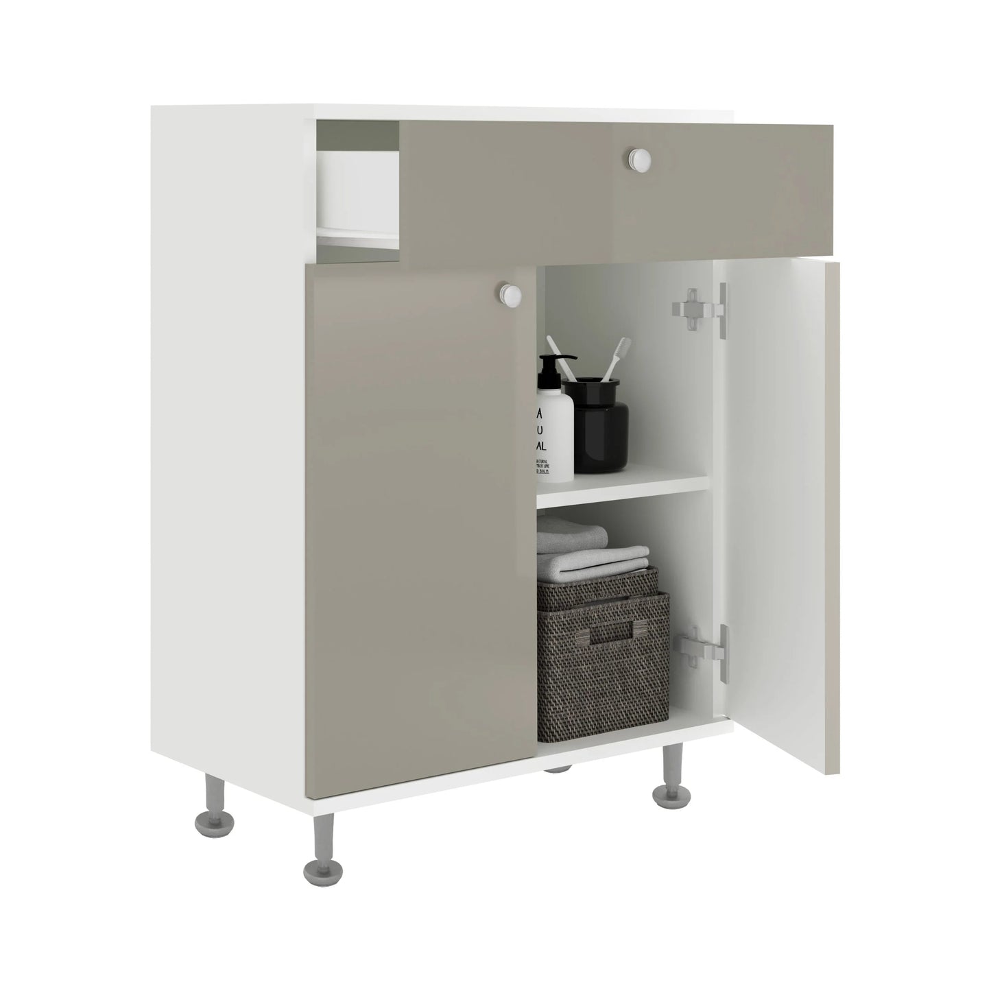 Corp Baie haaus Zaria, 1 Sertar, 2 Usi, Gri Lucios/Alb, MDF, L 60 x l 35 x H 85 cm
