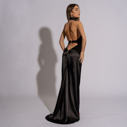 Rochie lunga neagra din satin cu spate gol Black Orchid