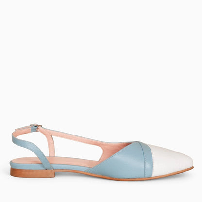 Balerini decupati din piele naturala alb cu bleu Maisie