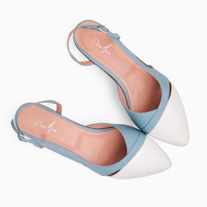Balerini decupati din piele naturala alb cu bleu Maisie