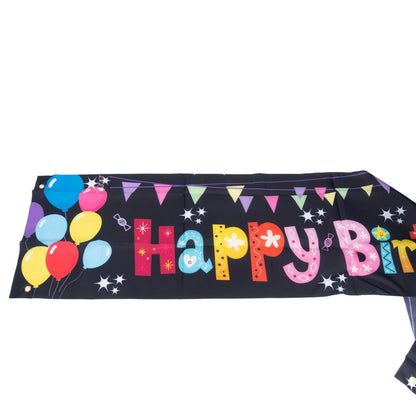 Banner aniversar cu imprimeu Happy Birthday colorat și baloane