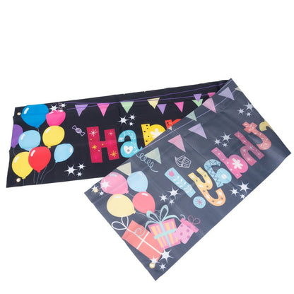 Banner aniversar cu imprimeu Happy Birthday colorat și baloane