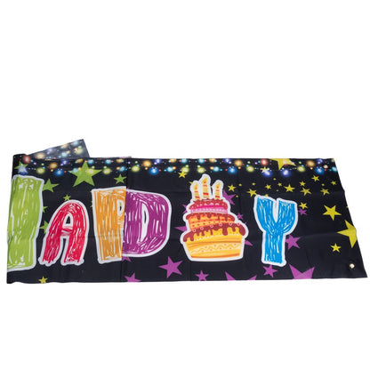 Banner aniversar cu imprimeu Happy Birthday colorat și steluțe