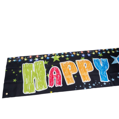Banner aniversar cu imprimeu Happy Birthday colorat și steluțe
