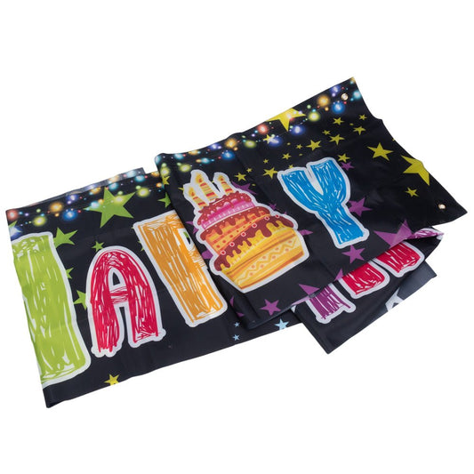 Banner aniversar cu imprimeu Happy Birthday colorat și steluțe