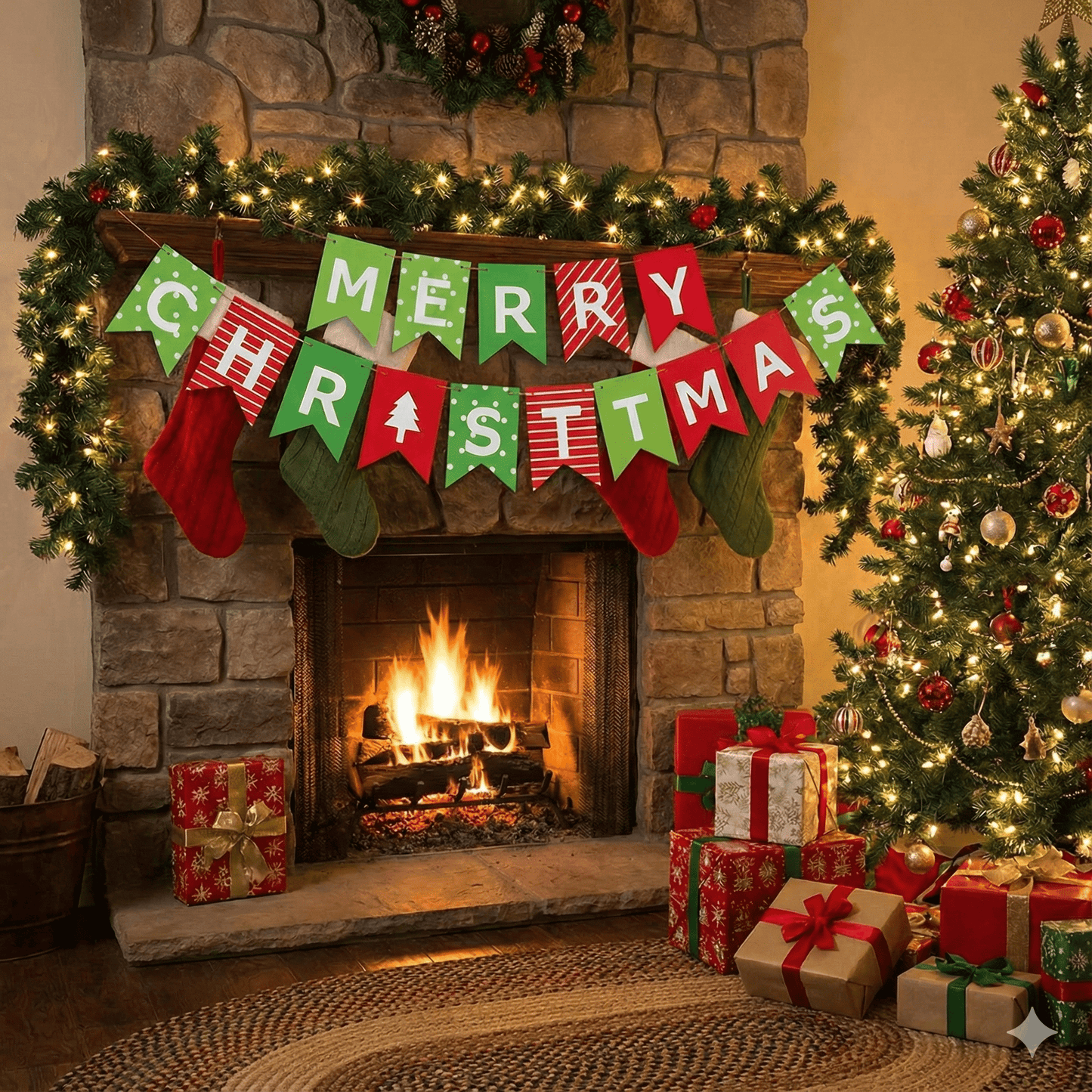 Banner Crăciun cu mesaj Merry Christmas - model 1 roșu și verde