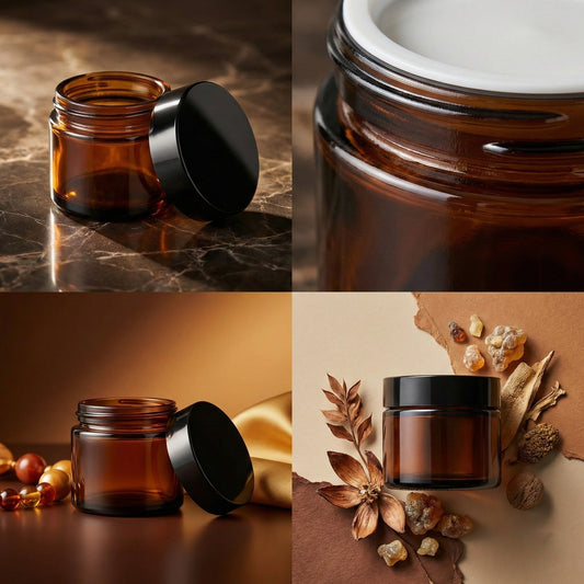 Borcan rotund ambră cu capac negru 30ml