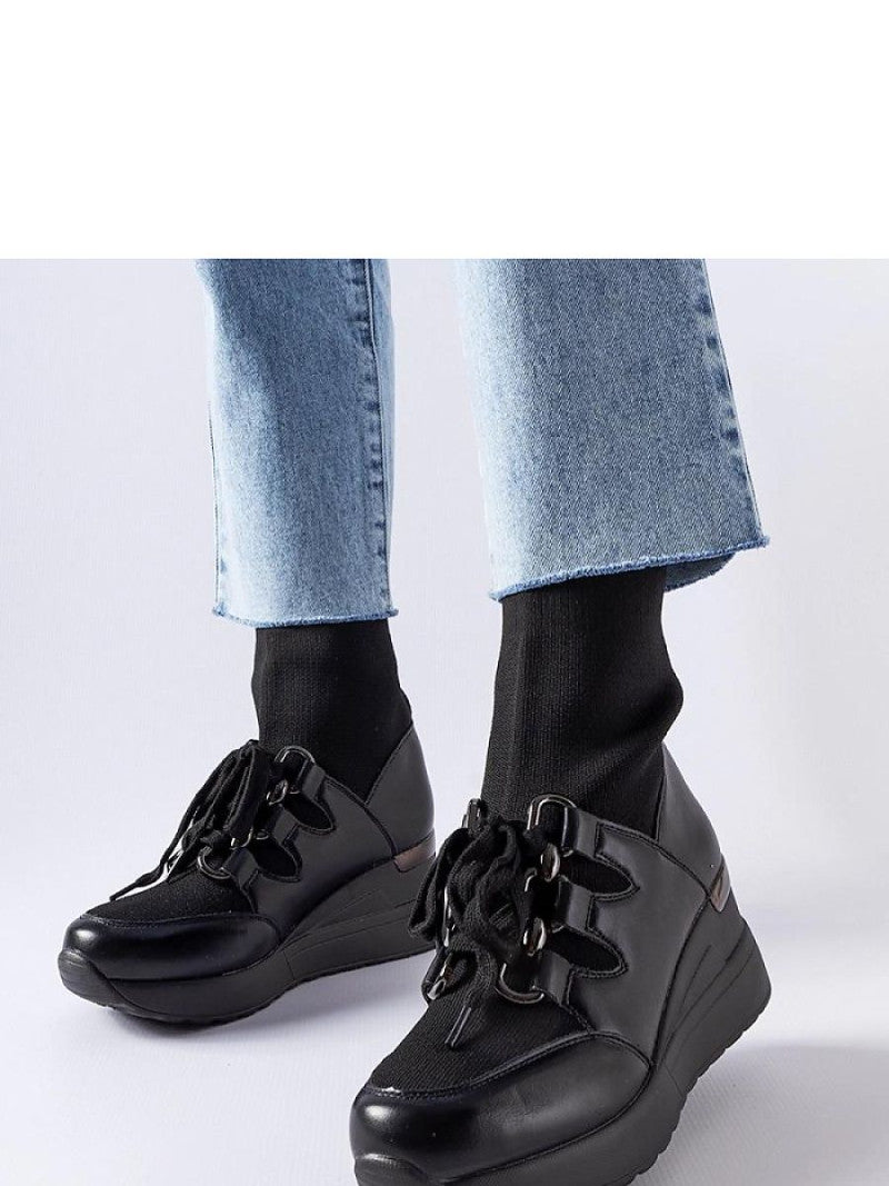 Botine cu talpă tip pană Solea, Model 206574, Negru - material pânză  Înălţimea tocului 6 cm