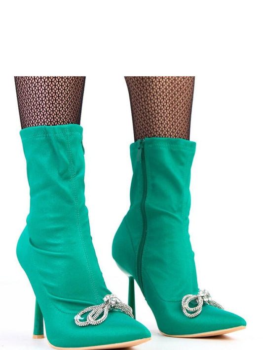 Botine cu toc Solea, Model 218551, Verde - material pânză  Footbed imitație de piele  Înălţimea carâmbului 16 cm Înălţimea tocului 10.5 cm